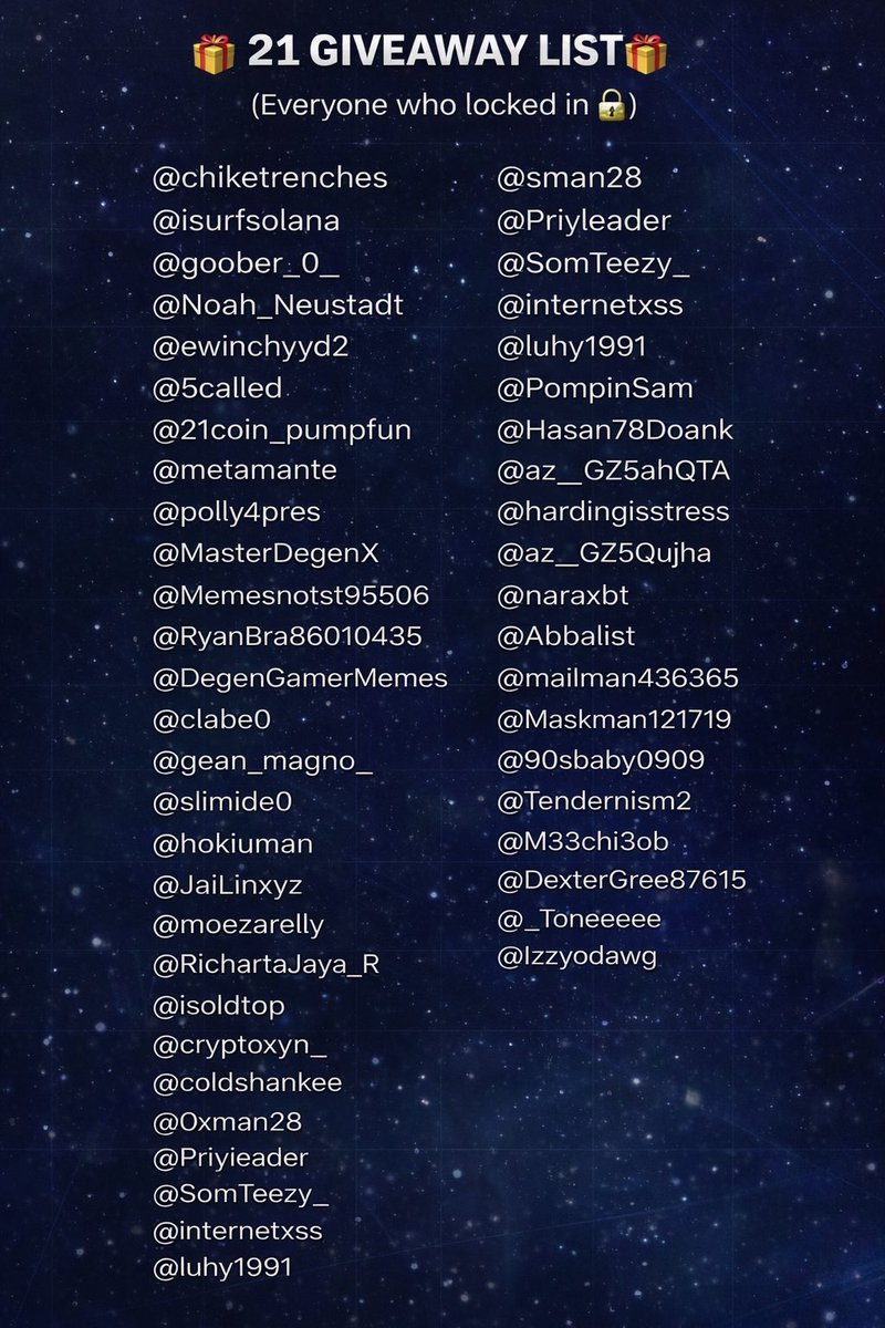 Here’s the names I have!
If you’re missing and you did all the steps, comment below ASAP so we can add you ⏳🔒🎁
#21coin