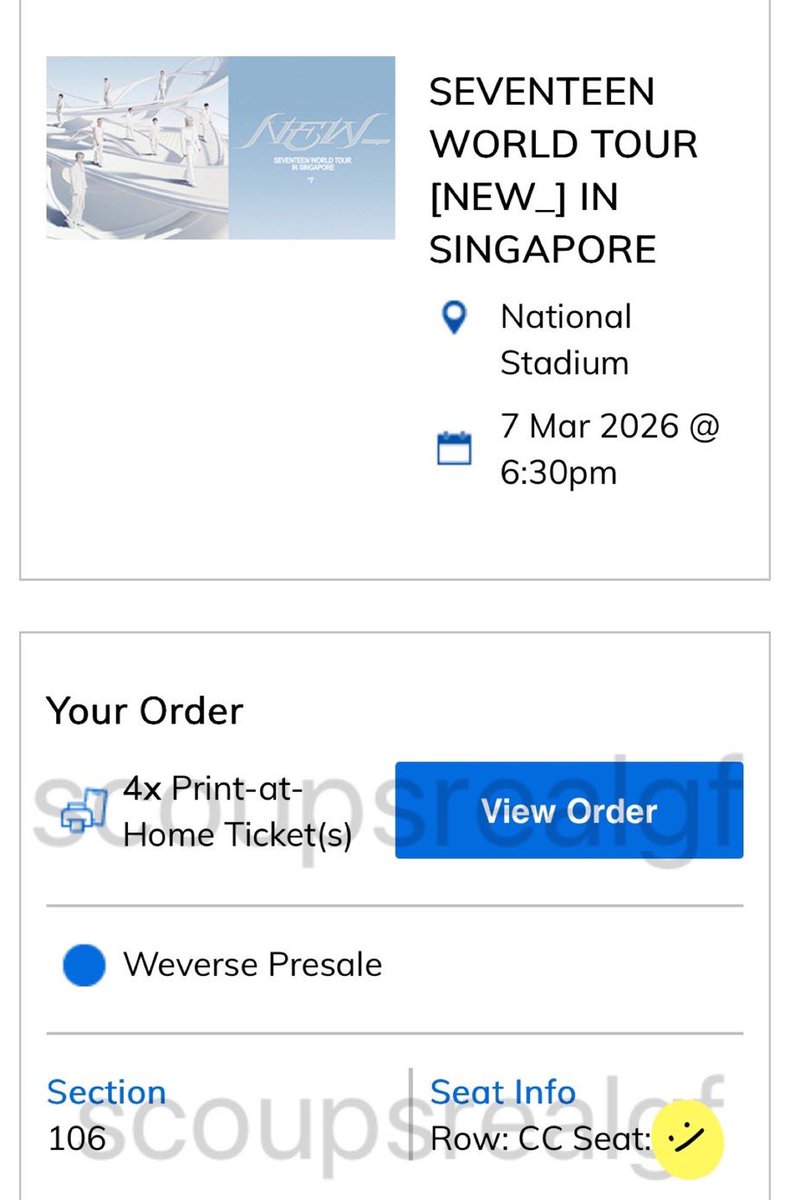 scoupsrealgf's tweet image. wts lfb seventeen new_ tour in singapore 

cat 2 section 106 row cc

$339 USD 

rfs: extra seat but you’ll be with me + friends :D

wts wtb svt ticket new_ carat 
 #SEVENTEEN_NEW_SINGAPORE #SVT_WORLDTOUR #SVT_TOUR_NEW_