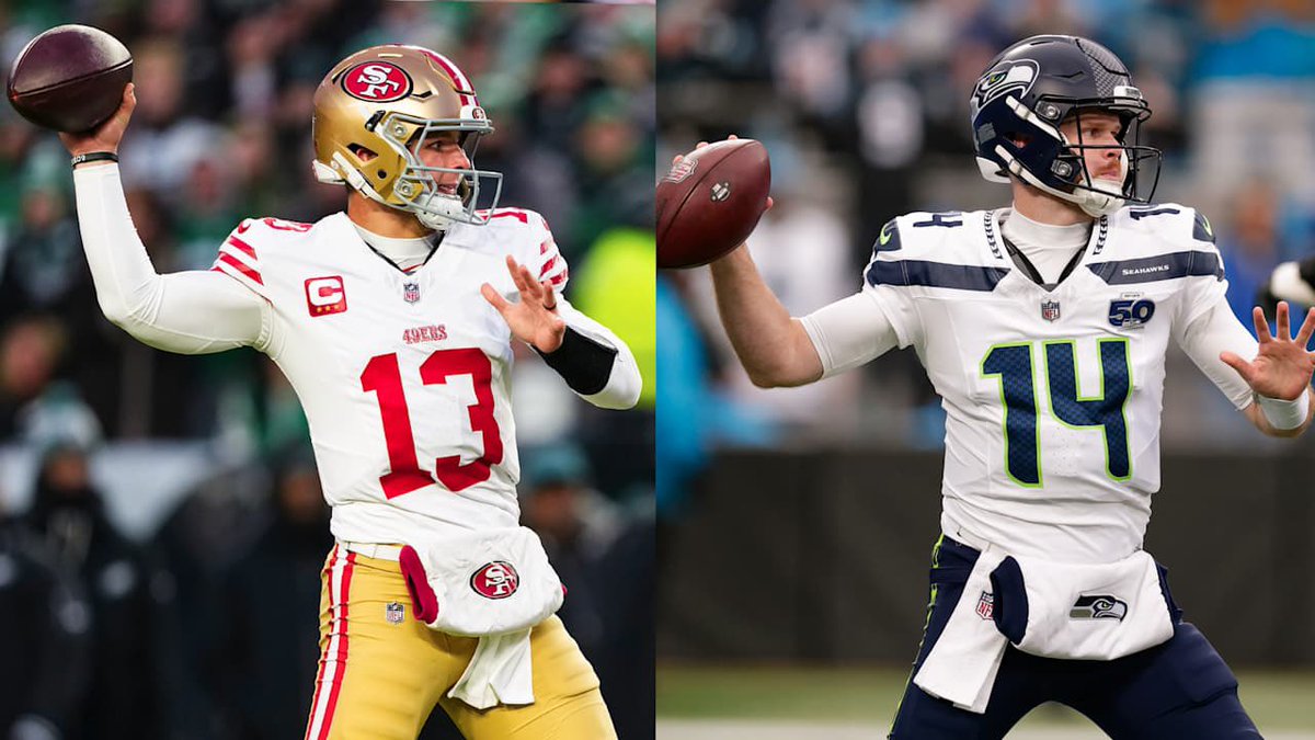 6th seed 49ers @ 1st seed Seahawks info:
Channel: FOX 
Time: 5:00 PM
Commentators: Kevin Burkhardt and Tom Brady
Spread: SEA -7
49ers uniform: Road white
SF injuries: Ricky Pearsall, Dee Winters, Luke Gifford questionable 
SEA injuries: Sam Darnold questionable 
#FTTB