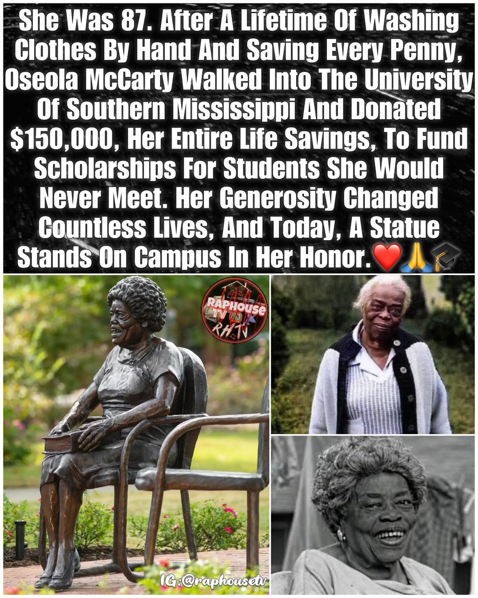raphousetv2's tweet image. She Was 87. After A Lifetime Of Washing Clothes By Hand And Saving Every Penny, Oseola McCarty Walked Into The University Of Southern Mississippi And Donated $150,000, Her Entire Life Savings, To Fund Scholarships For Students She Would Never Meet. Her Generosity Changed…