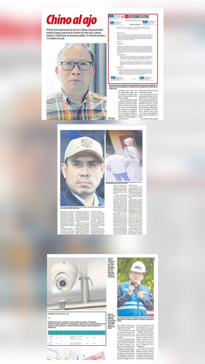 ensustrece's tweet image. En #Hildebrandt @ensustrece: LOS NEGOCIOS DEL CHIFAGATE por @eloymarchan. Parte de la conversación de José Jerí y Zhihua Yang pudo haber tratado el jugoso asunto de las cámaras de video que se piensa instalar en 8,000 buses de transporte público. El contrato asciende a 112…