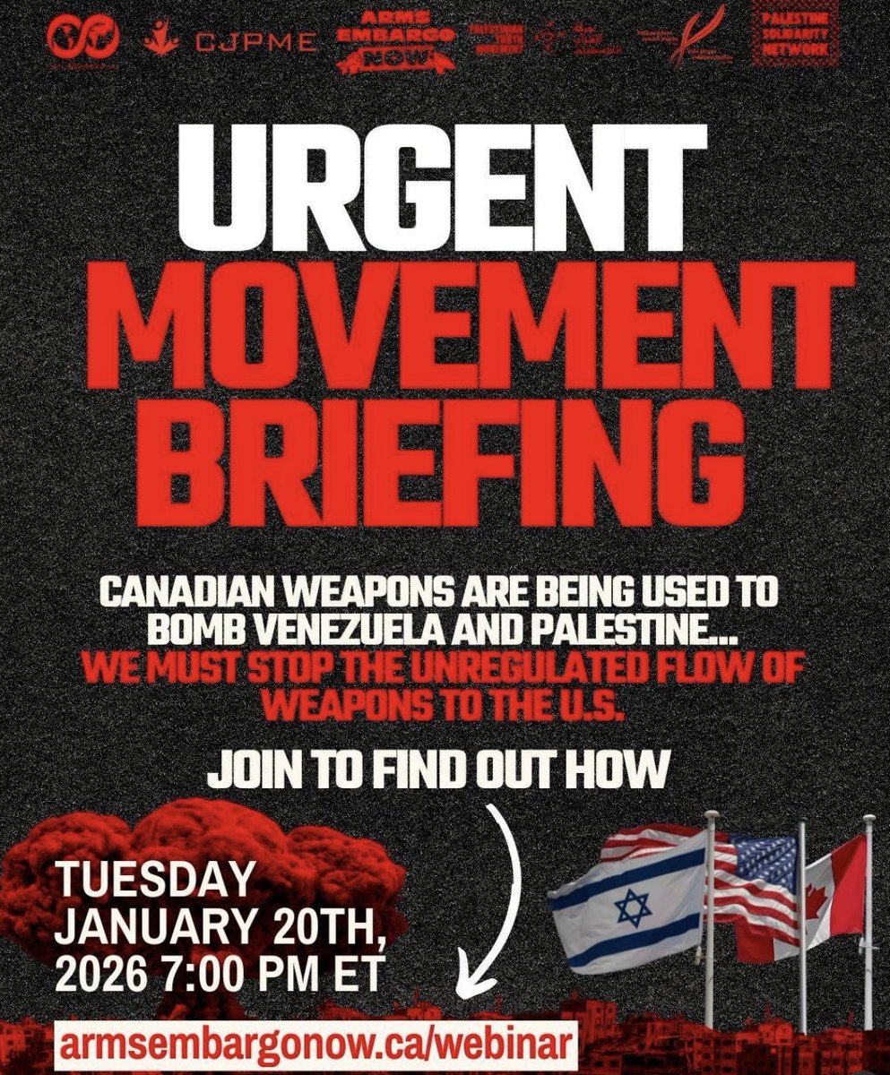 CMPAConline's tweet photo. One more month left to support the No More Loopholes bill before it comes to a vote in Parliament! This legislation is critical to stopping the flow of weapons to Israel and cutting off Canada's role in fueling the U.S. war machine.
Join us for an urgent movement briefing to delve into the current political context and plug into the next steps of our campaign to close the US loophole.
Come join us virtually on: Wednesday, January 20, 2026 at 7:00 pm.
Register: https://t.co/cT3C8UxQvy