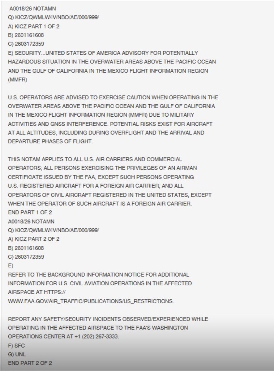 Se emite aviso NOTAM alertando sobre operaciones militares e interferencia de GPS sobre el Pacífico y Golfo de California desde este viernes 16 enero hasta 17 marzo