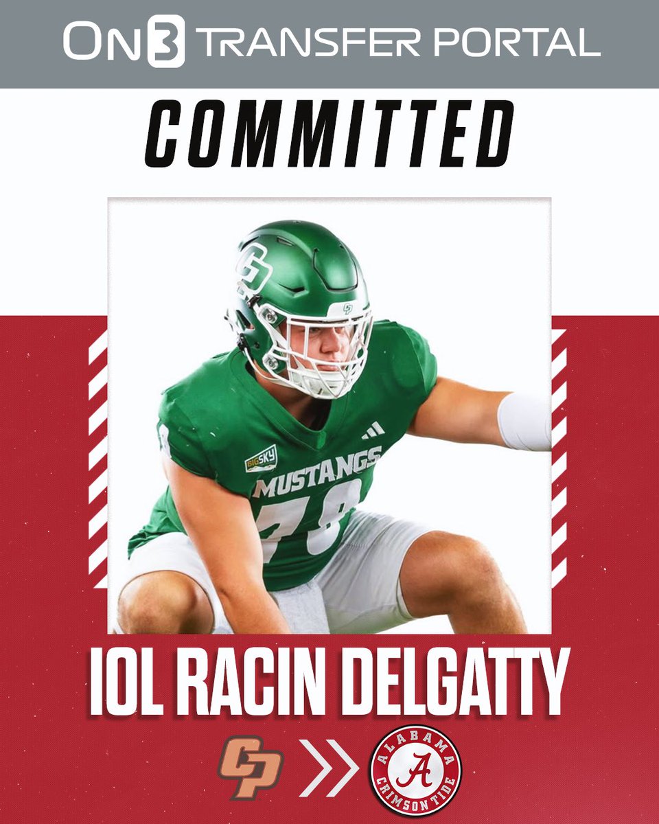 BREAKING: Cal Poly transfer OL Racin 
Delgatty has committed to Alabama, <a href="/Hayesfawcett3/">Hayes Fawcett</a> reports🐘

on3.com/college/alabam…