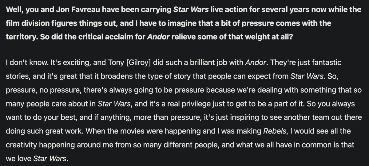 PickYourBrian's tweet photo. In 2023, I asked Dave Filoni about Andor, and below is what he said. (I, too, had heard something along the lines of today's Wrap report.) https://t.co/RjVqLFGOUL
