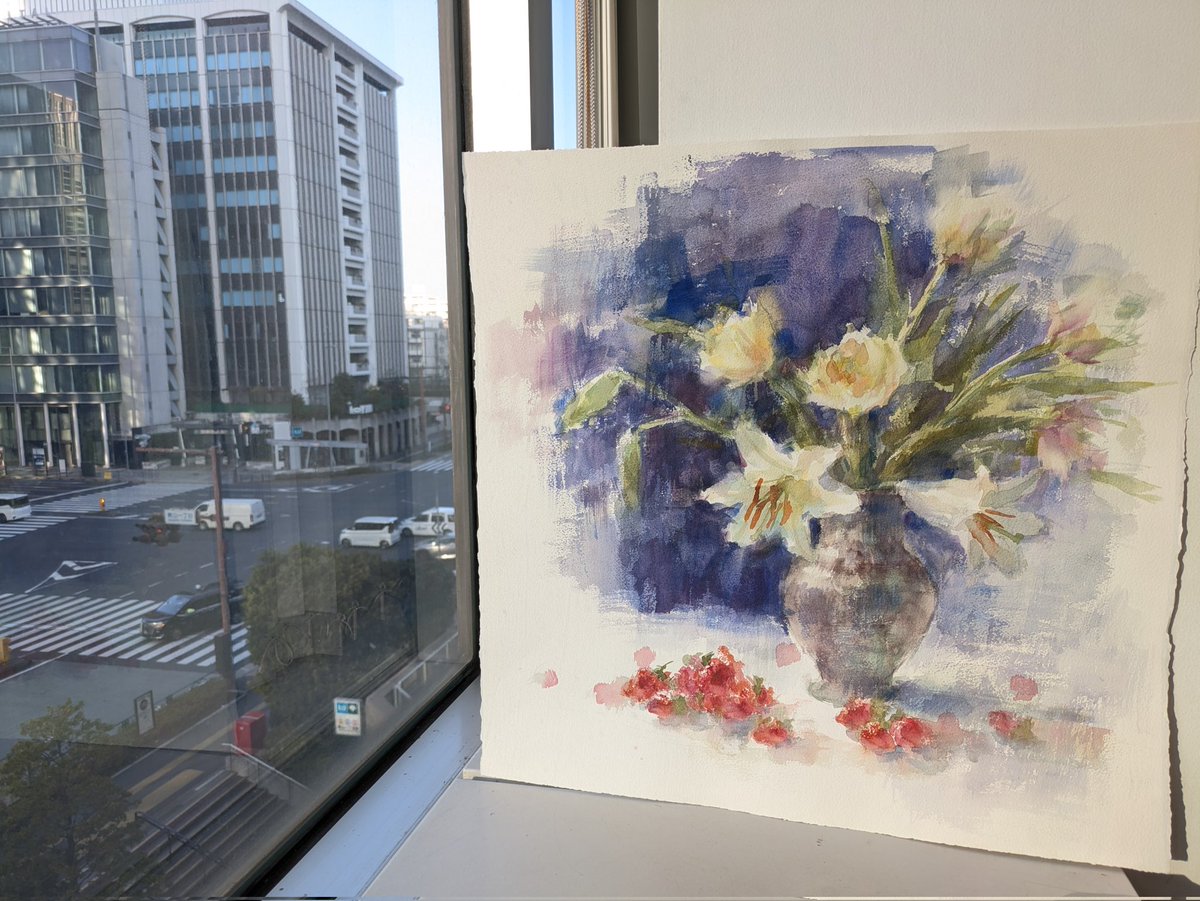 10:00よりZoomでオンラインレッスン。 今日はあまり日本の水彩で馴染み