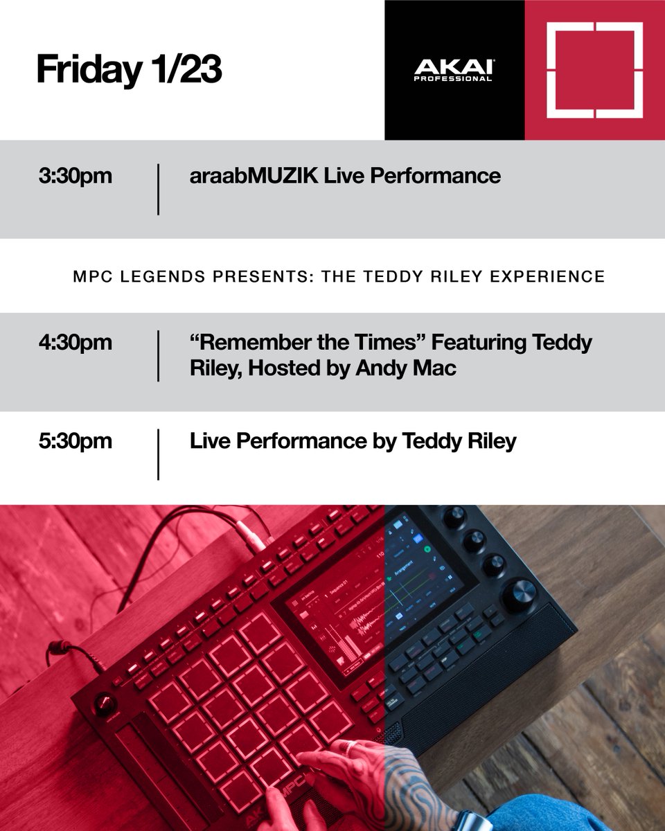 Akai_Pro's tweet image. We’re so excited to bring this incredibly talented lineup of artists to this year’s @NAMMShow.

From live Q&amp;amp;A’s, to MPC Cookups and an exclusive performance by @TeddyRiley1  — it’s all going down in room 204A!

Who are you pulling up for? 🔥

#NAMMShow #NAMM