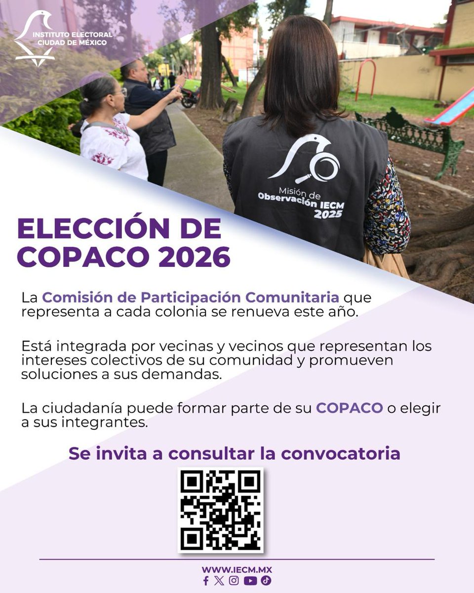 Las Comisiones de Participación Comunitaria se renuevan este año.
Consulta la convocatoria de la Elección de COPACO 2026 y participa en la integración de los órganos que representa a las colonias y fortalecen la vida comunitaria.