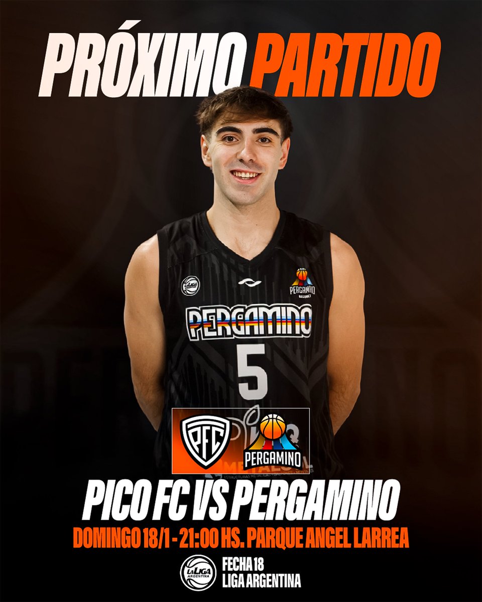 Este domingo, el equipo de la ciudad visitará el Parque Ángel Larrea para enfrentarse a Pico F.C. por una nueva fecha de la @ligaargbasquet 💪🏻🧡 

🆚 Pico F.C.
📆 Domingo I 21:00 Hs.
🏟️ Parque Angel Larrea
🎥 Transmite <a href="/basquetpass_arg/">Basquet Pass Argentina</a>
