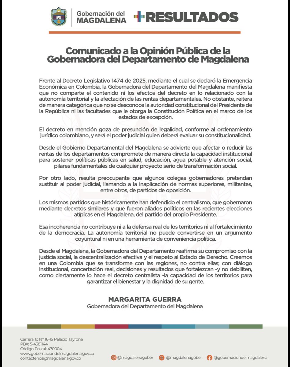 Desde Magdalena defendemos una Colombia más justa, más solidaria y más democrática. Y esa Colombia solo es posible si se construye con las regiones, no contra ellas; y si la oposición actúa con responsabilidad histórica, no como un simple reflejo de su hostilidad con el actual