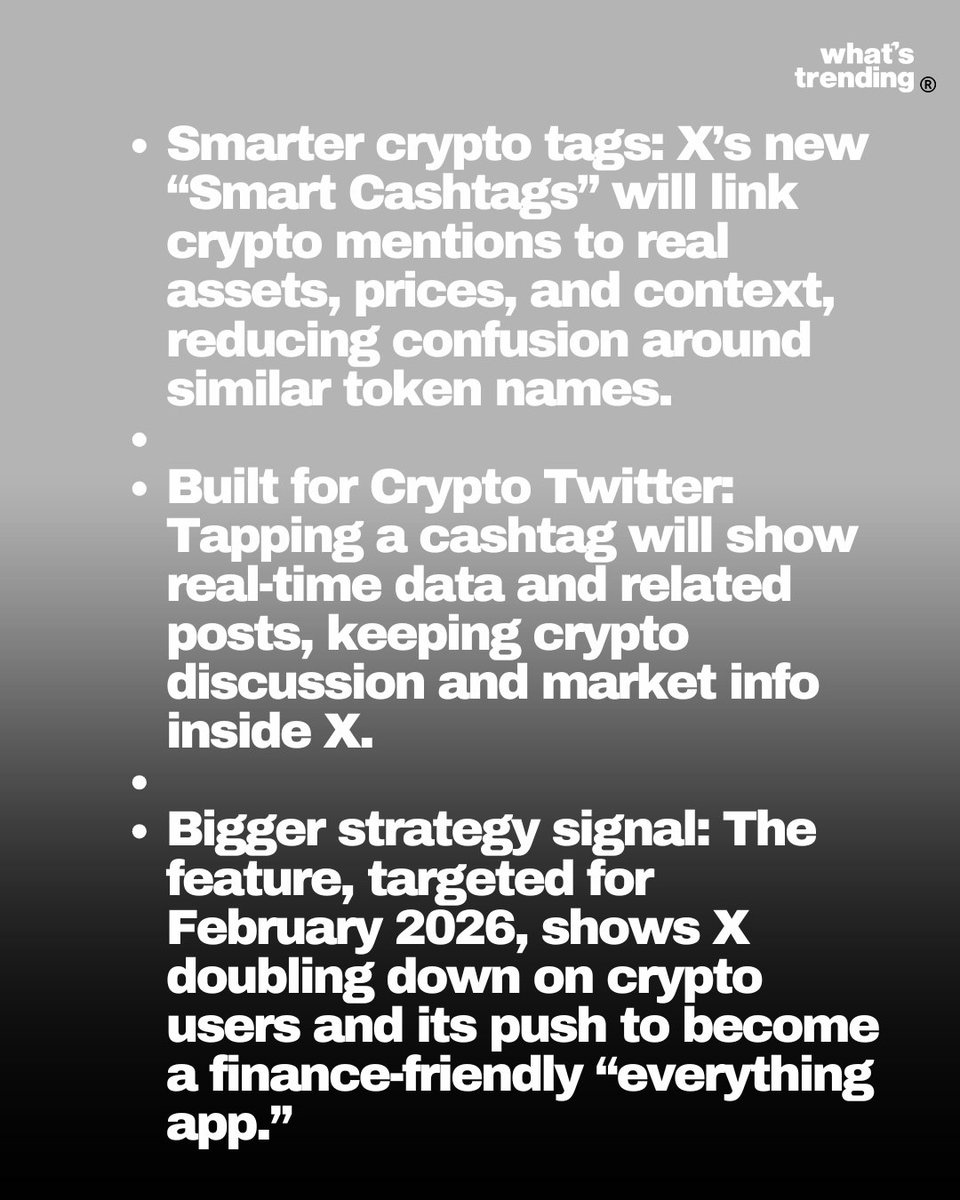 X is doubling down on crypto 👀 The platform is building “Smart Cashtags,”  a new feature that adds real-time prices and context to crypto mentions,  aiming to make Crypto Twitter smarter and