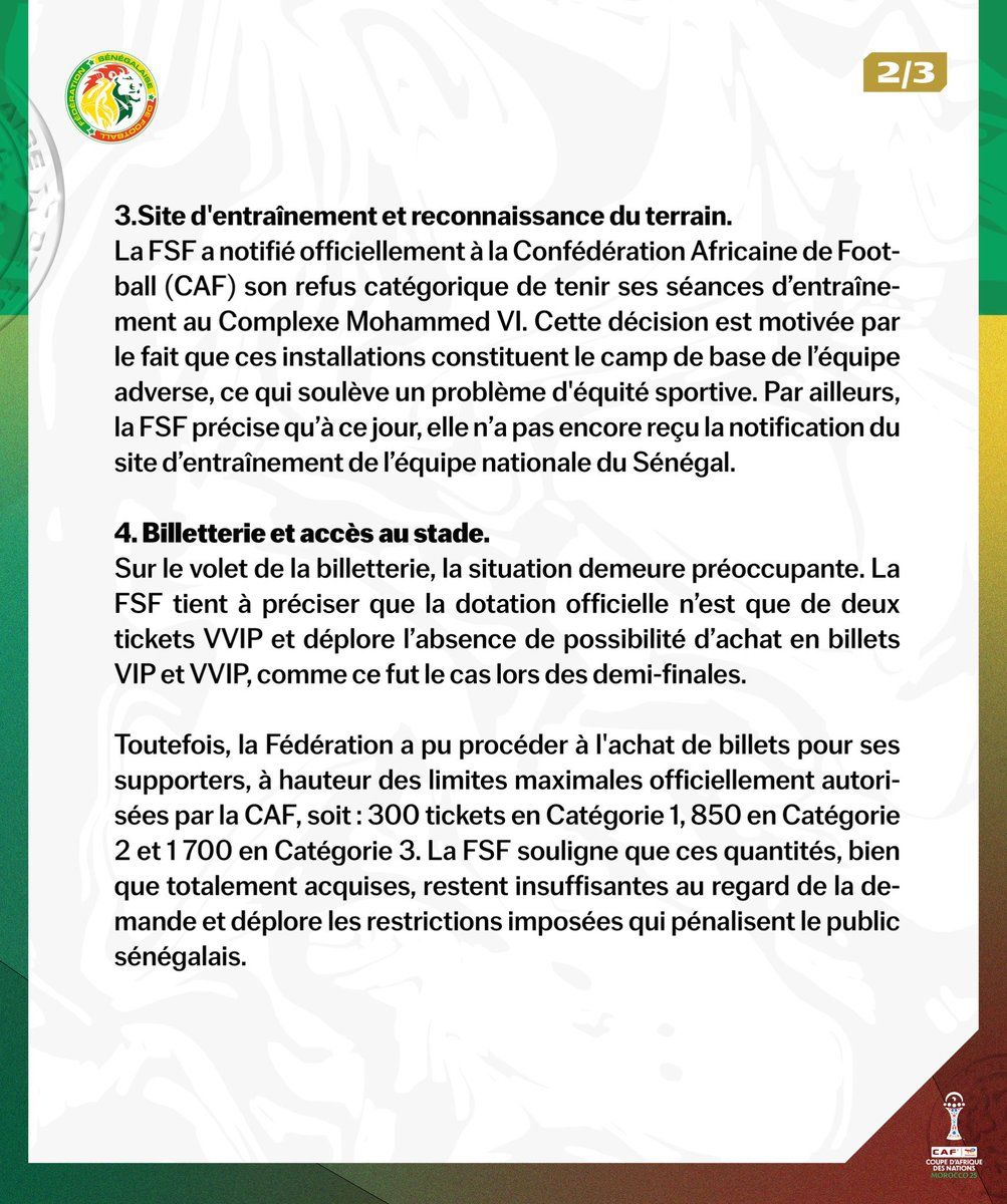 ActuFoot_'s tweet image. 🚨🚨 𝗟𝗘 𝗦𝗘́𝗡𝗘́𝗚𝗔𝗟 🇸🇳 𝗘𝗫𝗣𝗥𝗜𝗠𝗘 𝗦𝗘𝗦 𝗜𝗡𝗤𝗨𝗜𝗘́𝗧𝗨𝗗𝗘𝗦 𝗩𝗜𝗦 𝗔̀ 𝗩𝗜𝗦 𝗗𝗘 𝗟𝗔 𝗙𝗜𝗡𝗔𝗟𝗘 𝗗𝗘 𝗟𝗔 #CAN2025 𝗙𝗔𝗖𝗘 𝗔𝗨 𝗠𝗔𝗥𝗢𝗖 🇲🇦 et appelle la CAF et le Comité d’organisation locale à prendre toutes les mesures pour "𝗚𝗔𝗥𝗔𝗡𝗧𝗜𝗥 𝗟𝗘…