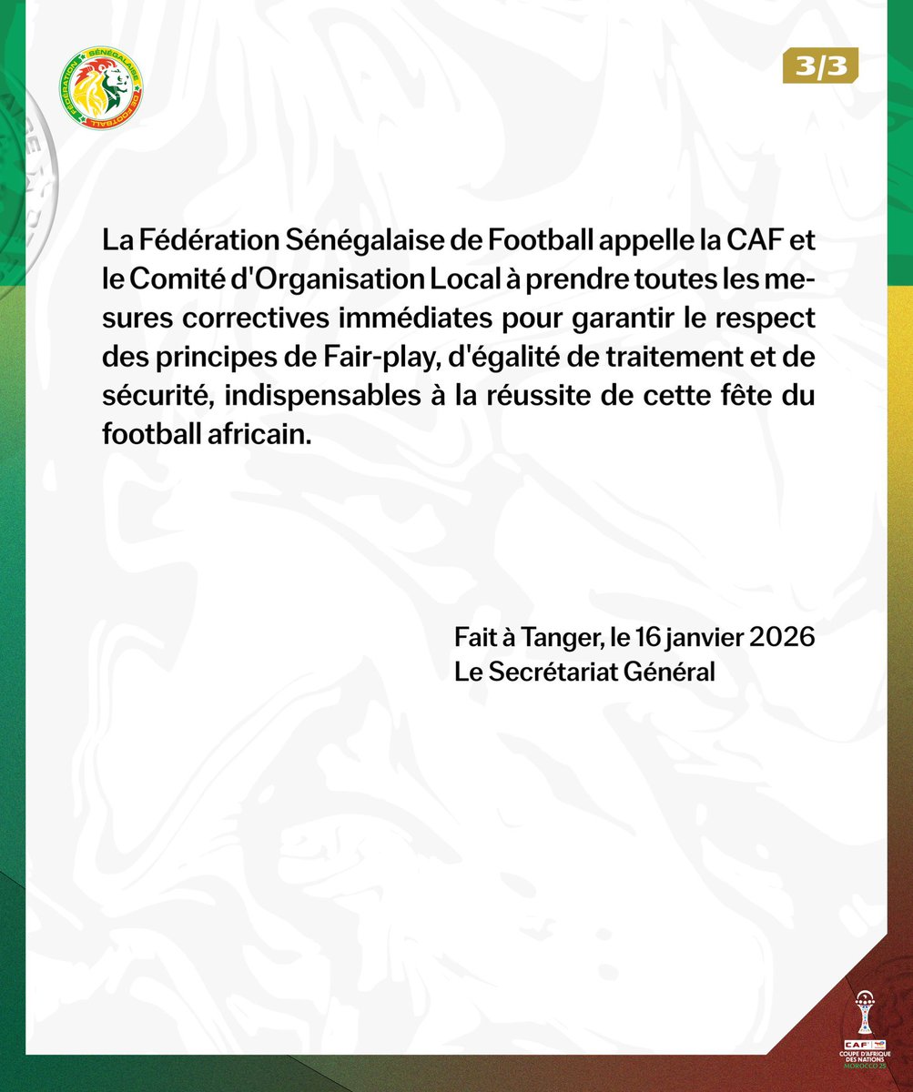 ActuFoot_'s tweet image. 🚨🚨 𝗟𝗘 𝗦𝗘́𝗡𝗘́𝗚𝗔𝗟 🇸🇳 𝗘𝗫𝗣𝗥𝗜𝗠𝗘 𝗦𝗘𝗦 𝗜𝗡𝗤𝗨𝗜𝗘́𝗧𝗨𝗗𝗘𝗦 𝗩𝗜𝗦 𝗔̀ 𝗩𝗜𝗦 𝗗𝗘 𝗟𝗔 𝗙𝗜𝗡𝗔𝗟𝗘 𝗗𝗘 𝗟𝗔 #CAN2025 𝗙𝗔𝗖𝗘 𝗔𝗨 𝗠𝗔𝗥𝗢𝗖 🇲🇦 et appelle la CAF et le Comité d’organisation locale à prendre toutes les mesures pour "𝗚𝗔𝗥𝗔𝗡𝗧𝗜𝗥 𝗟𝗘…