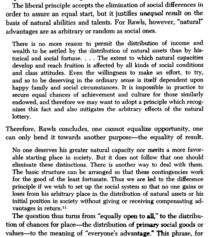 arctotherium42's tweet image. According to John Rawls, natural advantages (like being smarter or better looking) are as arbitrary as social ones (like being nobility), and the *only* justification for rewarding talent is if doing so helps the non-talented even more.