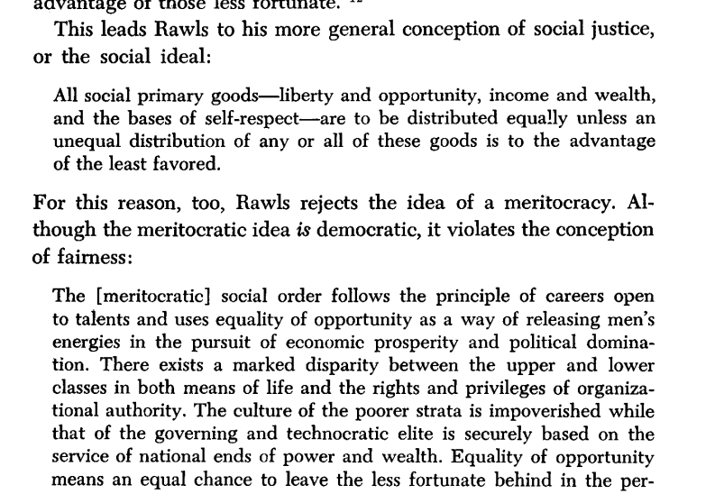 arctotherium42's tweet image. According to John Rawls, natural advantages (like being smarter or better looking) are as arbitrary as social ones (like being nobility), and the *only* justification for rewarding talent is if doing so helps the non-talented even more.