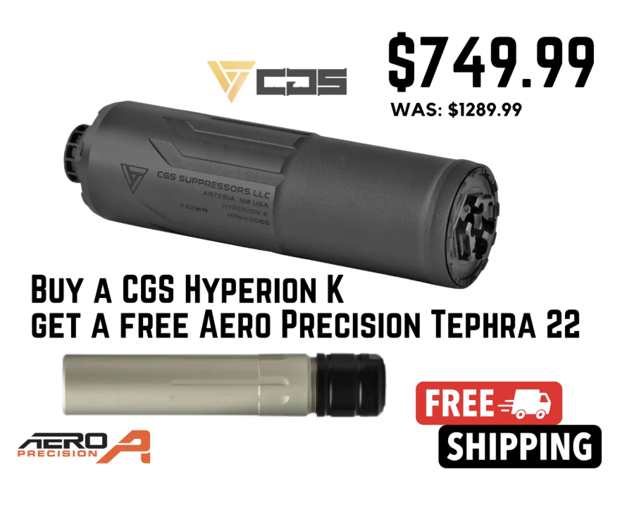 Mrgunsngear's tweet image. CGS Hyperion K lightweight compact titanium 30 caliber suppressor plus an Aero Precision Tephra 22 suppressor for $749 shipped currently here: mrgunsngear.org/4qXIDzB

#suppressor #silencer