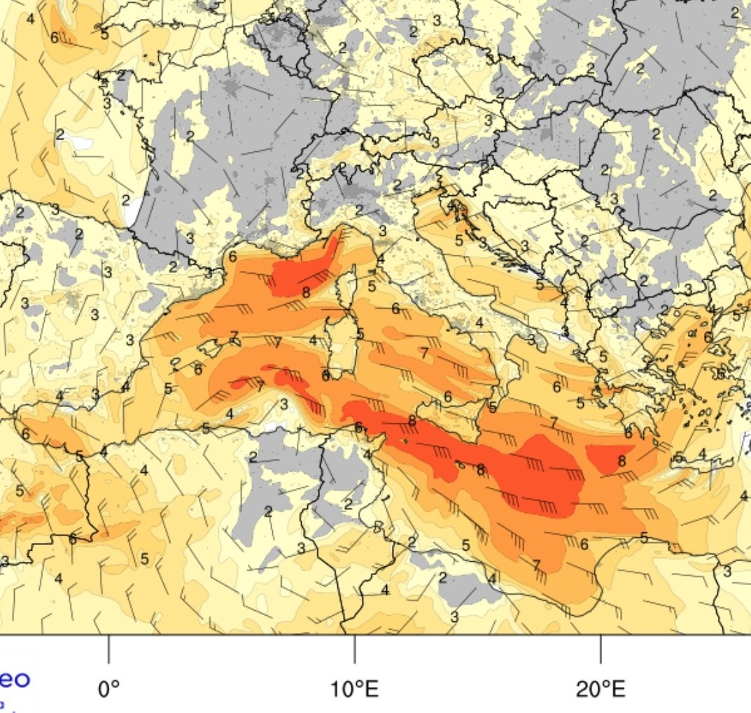 Vakapiupiuu's tweet image. Inici de la #llevantada 17 18 19 #gener2026,  ara pertorbació de SSW demà girarà a SE i dilluns un Est impossible de ser més Est de llarg recorregut  amb Fetch enorme,  mar brava o desfeta  onades 8 a 12 m potser! Una mena de temporal #Glòria o #SantVicenç2020 !!