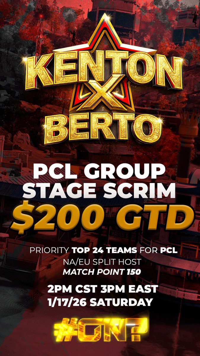 🔥Kenton X <a href="/Birria_Berto/">Berto</a> PCL GS SCRIM Haven’s Hollow🔥

🗓️|1/17/26 Saturday
⏰|2PM CST 3PM EST
🎟️|$15 X Team
💰|$200 GTD + ENTRYS
💵|$50 ON TOP FOR TOP FRAGGER
🌎|NA/EU Split host If 4+ EU Teams Join
📈|150 Match Point
🚨PRIORITY GIVEN TO TOP 24 TEAMS FROM PCL🚨
       ✍🏼COMMENT