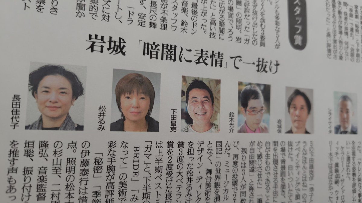 第33回スタッフ賞ノミネート 
岩城保  ガラスの動物園 照明 
下田昌克 幸子というんだほんとはね ライブペインティング 
鈴木光介 最後のドン・キホーテ 音楽
長田佳代子 ガマ みんな鳥になって WARBRIDE 美術 
松井るみ ミュージカル十二国記 デザイン・ディレクション 

yomiuri.co.jp/culture/stage/…