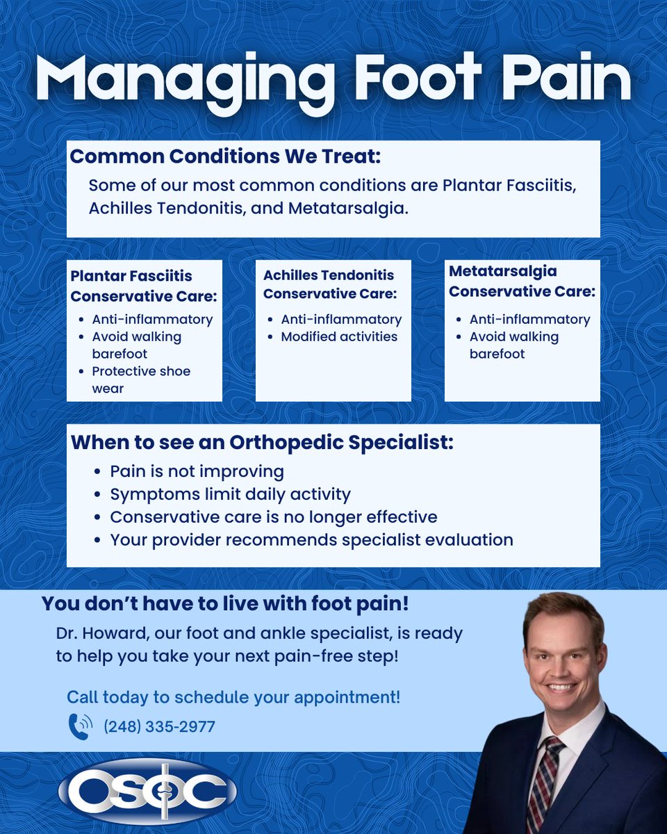 🦶 Managing Foot Pain 👣

Many foot and ankle issues improve with simple steps, but persistent pain may need a specialist. Learn what helps and when it’s time to take the next step.

#FootPain #AnklePain #OSOC #OrthopedicCare #PainRelief #FootAndAnkleCare #TakeTheNextStep