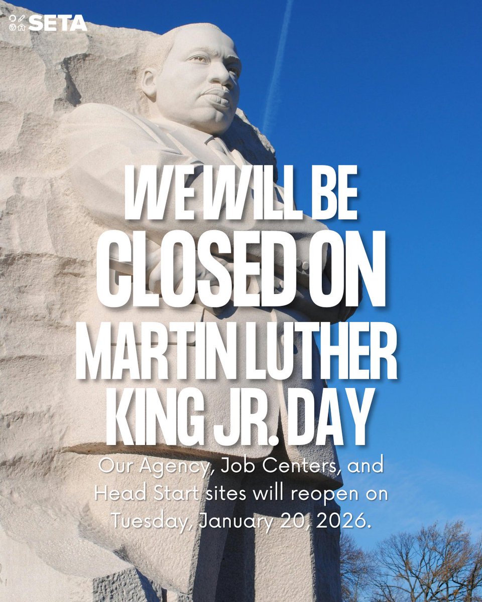 Please note, SETA will be closed on Monday, January 19th, in observance of Martin Luther King Jr. Day. We will reopen on Tuesday, January 20, 2026.
