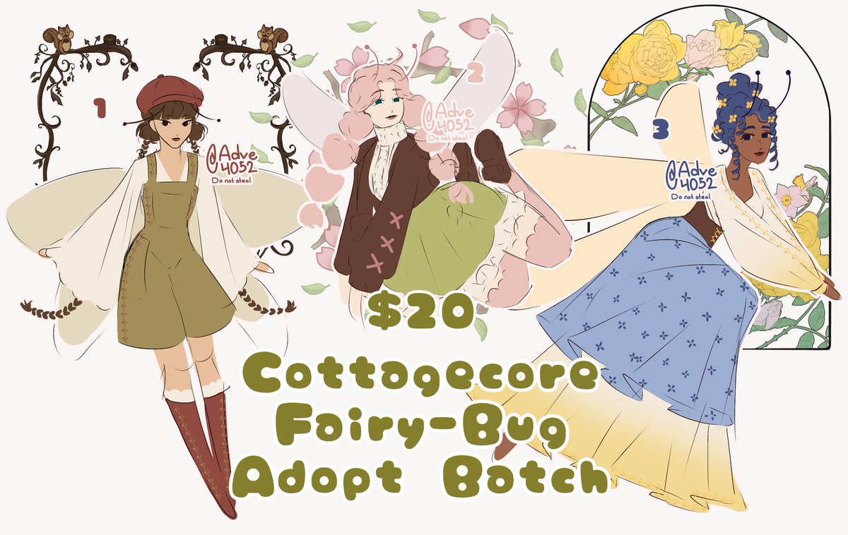 adve4052's tweet image. Forgot to post this here!!!

I made a cottagecore fairy-bug adopt batch!! I'm ngl, I'm in love with these designs 🥰🥰

💕🌱 More info in the comments 🌱💕

#artmoots #smallartist #cottagecore  #adoptables #adoptablebatch #fairy 
#idk #fantasy #dndart