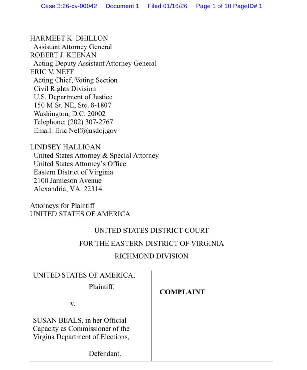 AAGDhillon's tweet image. Virginia becomes the next state sued for ignoring federal law! 

@TheJusticeDept means business — and @CivilRights will keep fighting to clean up voter rolls. Happy Friday!