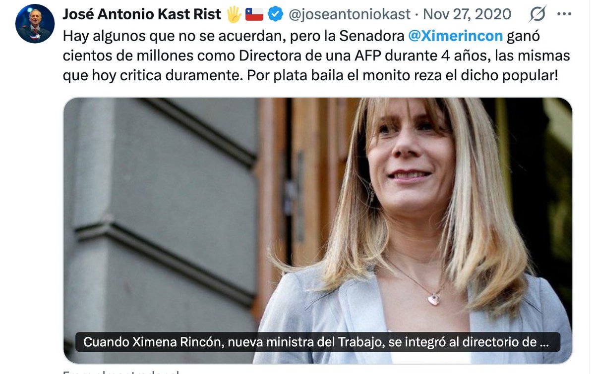 José Antonio Kast sobre Ximena Rincón, 27 de noviembre de 2020: "Por plata baila el monito"