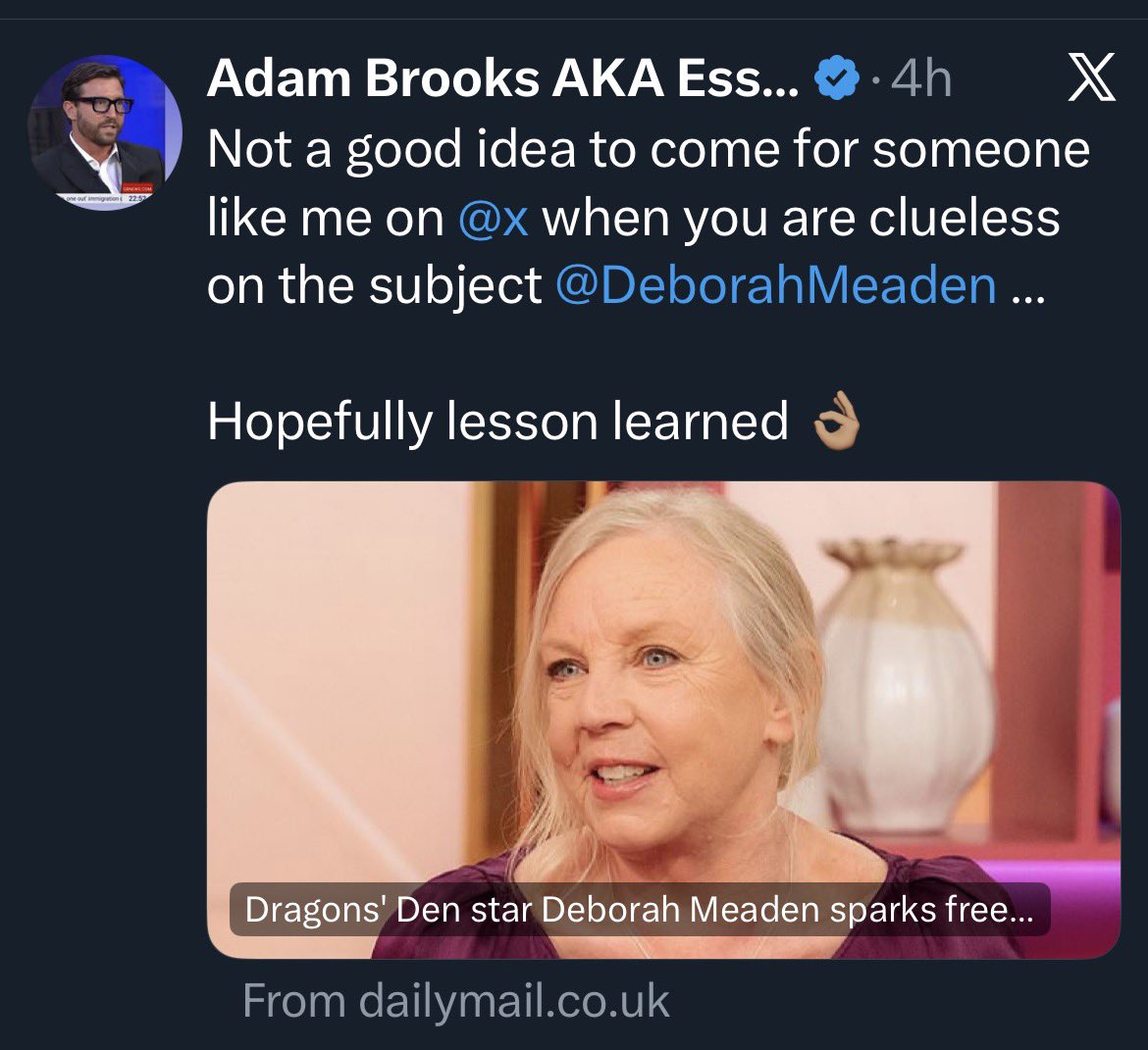 Awww bless Adam 

“Someone like me”

Look Elon … Look…. I am a tough guy.  Elon…Look…I’m acting all hard against a woman who couldn’t give a shit …you impressed… Elon….Elon?…..ELON?!!!!