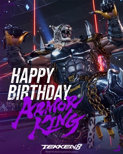 TEKKEN_Project's tweet image. 🎊---------------
HAPPY BIRTHDAY
アーマーキング
---------------🎊

1月17日は
“悪の華”
「アーマーキング」の誕生日🎉🎂

特別な1日をお祝いしましょう！🎈✨

鉄拳キャラ誕生日リスト👇
tekken-official.jp/tekken_news/?p…

🤜#鉄拳8 #アーマーキング生誕祭