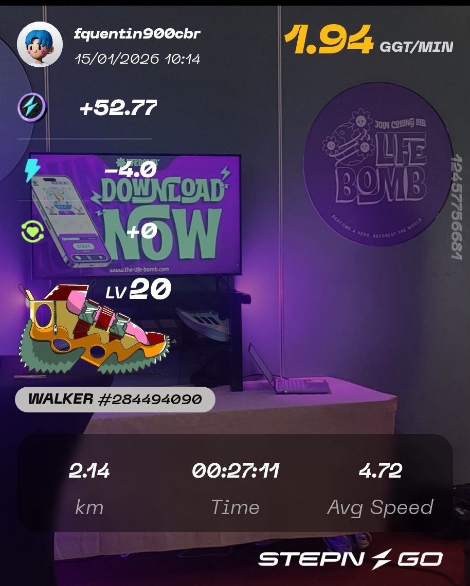 fquentin900cbr's tweet image. Not much time to walk with the Crypto évent @CXR2026, I'm activating passive mode with @The_Life_Bomb!
@Stepnofficial @PawpularApp 
Stepn Og: 300 #Gst + 3,91 #Gmt ≈ 0,68$
Stepn Go: 52,77 #GGT ≈0,094$
TheLifeBomb: 867,85 #CATKN ≈17,36$