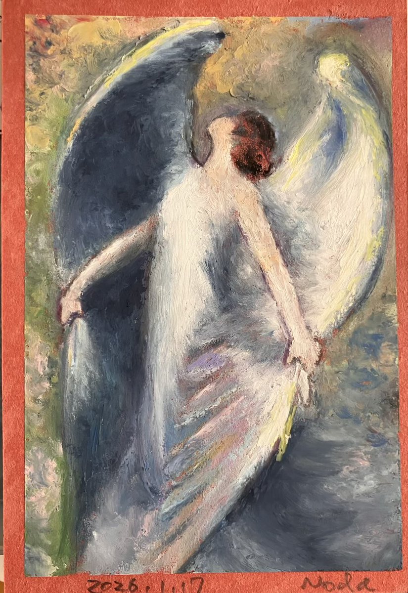 おはようございます。「天使」完成しました。
顔の塗りがなかなかうまくいかなくて、ペインティングナイフで少しずつ削ったオイルパステルをペタペタ乗せてなんとかなりました。
では今日もがんばろうー
#日々描く #アナログイラスト ＃oilpastel