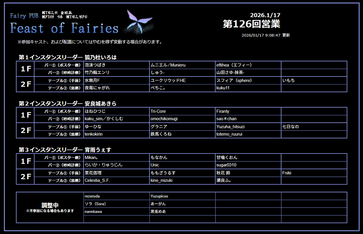 冒険者の皆さんおはようございます！
本日は #妖精酒場FoF オープン日です🦋
【参加方法について】
・3インスタンスでの営業です
・インスタンスリーダーへ事前にフレンド申請をお願いします
・23:00になりましたらJOINをお願いします（先着JOIN式）