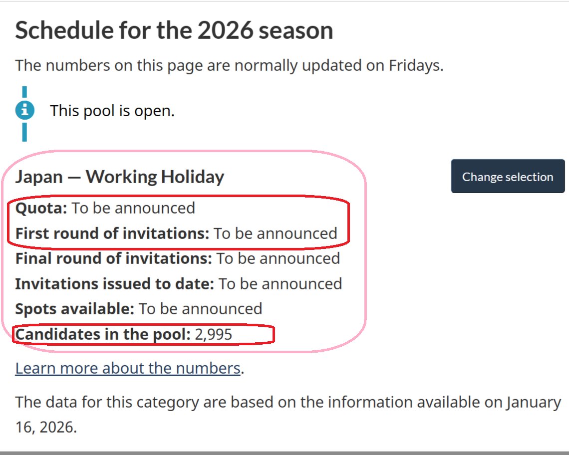 supportmart's tweet image. 🍁[カナダ・ワーキングホリデー(IEC) 2026 Season Weekly Update] 2026/1/17現在
今週もカナダワーホリの定員&amp;amp;初回抽選Updateなし💦
☑定員:TBA
☑初回抽選日:TBA
初回抽選待ち人数は[2,995]←めちゃ多い💦
2ndワーホリ組が多数エントリーしていて従来の定員[6,500]だと足りなそう。少し増やすかな？
