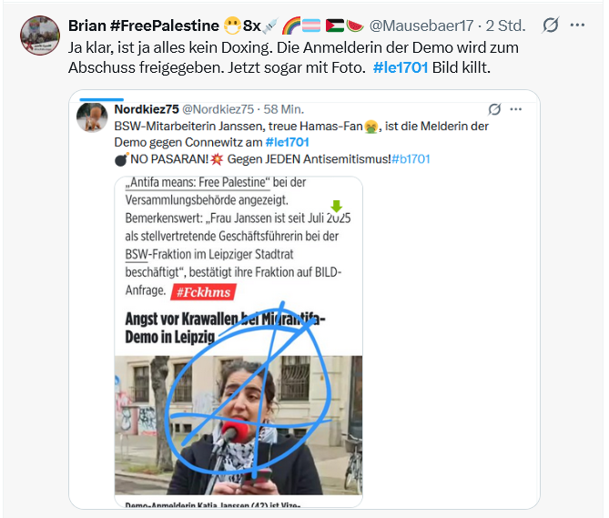daungari167925's tweet photo. #b1601 #b1701 eine Person, ex Vorstand von #Handala e. V., jetzt stellvertretende Geschäftsführerin der #BSW -Fraktion im Leipzig, Demoanmelderin und vom Verfassungsschutz beobachtet darf laut Meinung einiger Mitmenschen anonym ihren Schmutz verbreiten.🤡 https://t.co/cwW9YW3xfv