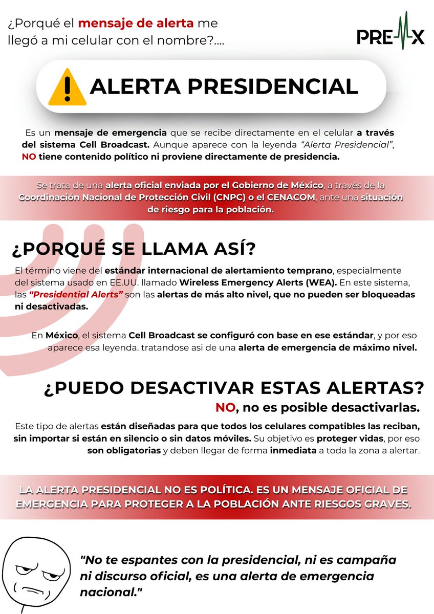 #CONOCE 📲 | ¡Alerta! ¿Presidencial? No, no tiene nada que ver con politiquería. 🫠

🟢Spoiler: No lo mando la presidenta, es el sistema oficial de emergencias siguiendo un protocolo internacional. 📲 ⚠️

🛡️ Te lo explicamos clarito en esta infografía.

#AlertaPresidencial.