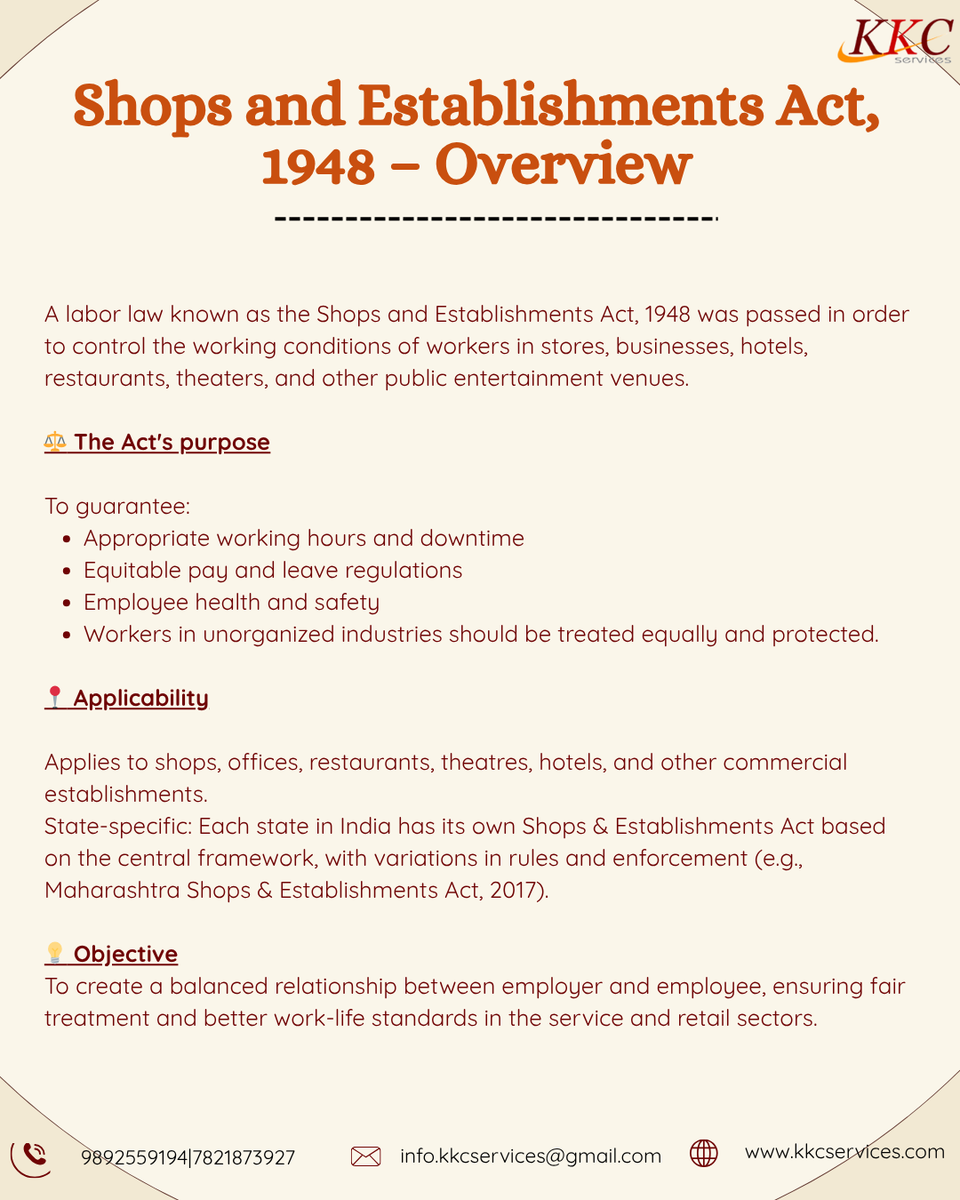 KKC_Services's tweet photo. The Shops &amp; Establishments Act governs working hours, holidays, and employment conditions in shops &amp; offices.
 ✅ Applies to all commercial establishments
 ✅ Ensures employee rights &amp; welfare
 💡 Compliance creates confidence. 🧾
 #ShopsAndEstablishmentsAct #HRCompliance #KKC https://t.co/4J3BtIpaoQ