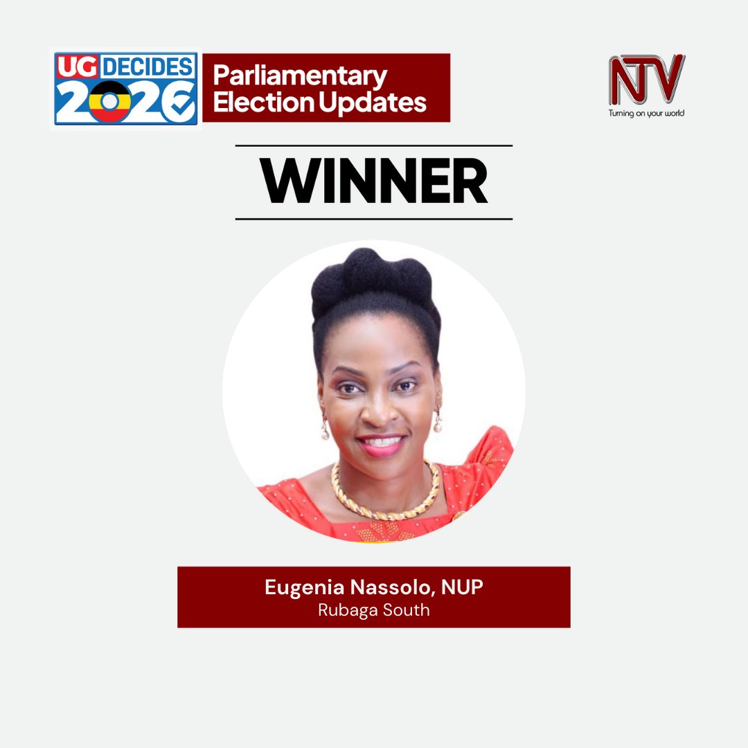 Eugenia Nassolo of the National Unity Platform has been declared the winner of the Rubaga South MP seat in the 2026 elections.

#NTVNews #UGDecides2026 #UGElections2026