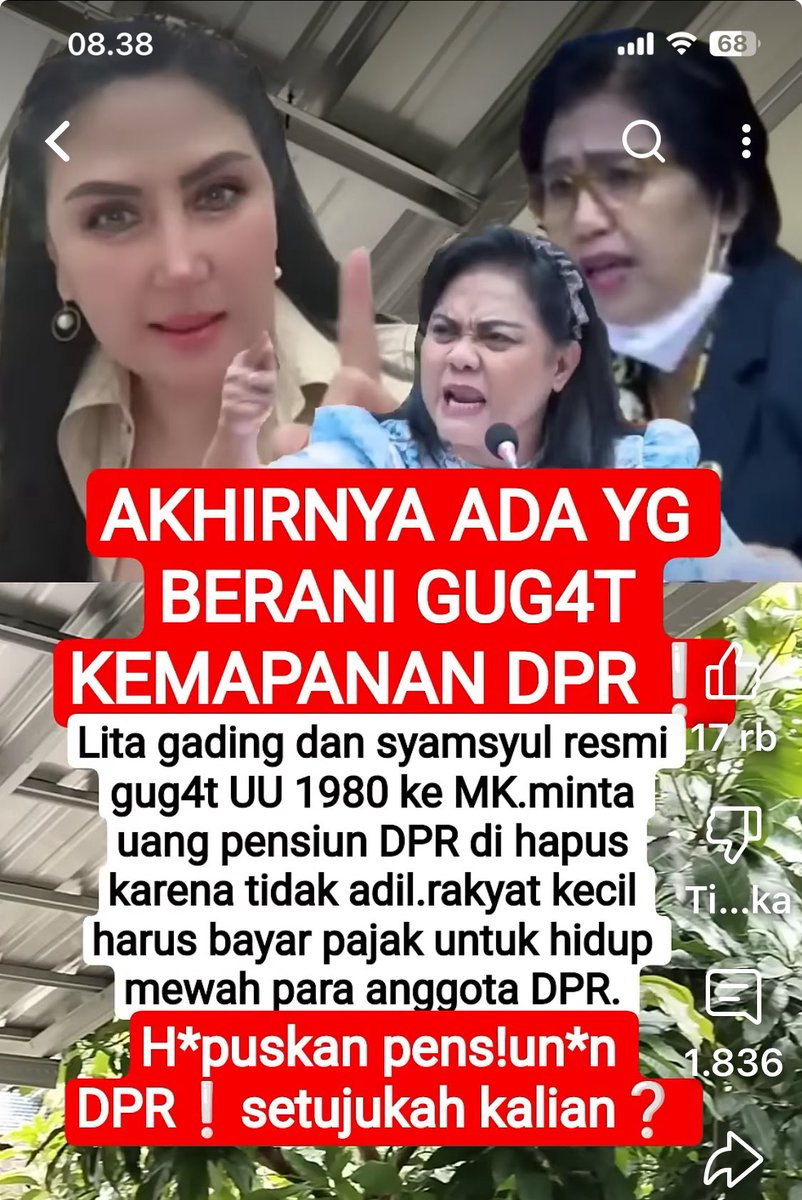<a href="/DPR_RI/">DPR RI</a> ,<a href="/officialMKRI/">Mahkamah Konstitusi</a> , <a href="/MahkamahAgung/">Mahkamah Agung RI</a> ,<a href="/KompasTV/">KOMPAS TV</a> , <a href="/tvOneNews/">tvOnenews</a> , <a href="/ntv/">NTV</a> <a href="/tribunnews/">Tribunnews.com</a> ,<a href="/mohmahfudmd/">Mahfud MD</a>  ;  kita tunggu saja ending dari gugatan apakah pengadil-an akan batalkan dasar hukum pbayaran pensiunan angt DPR