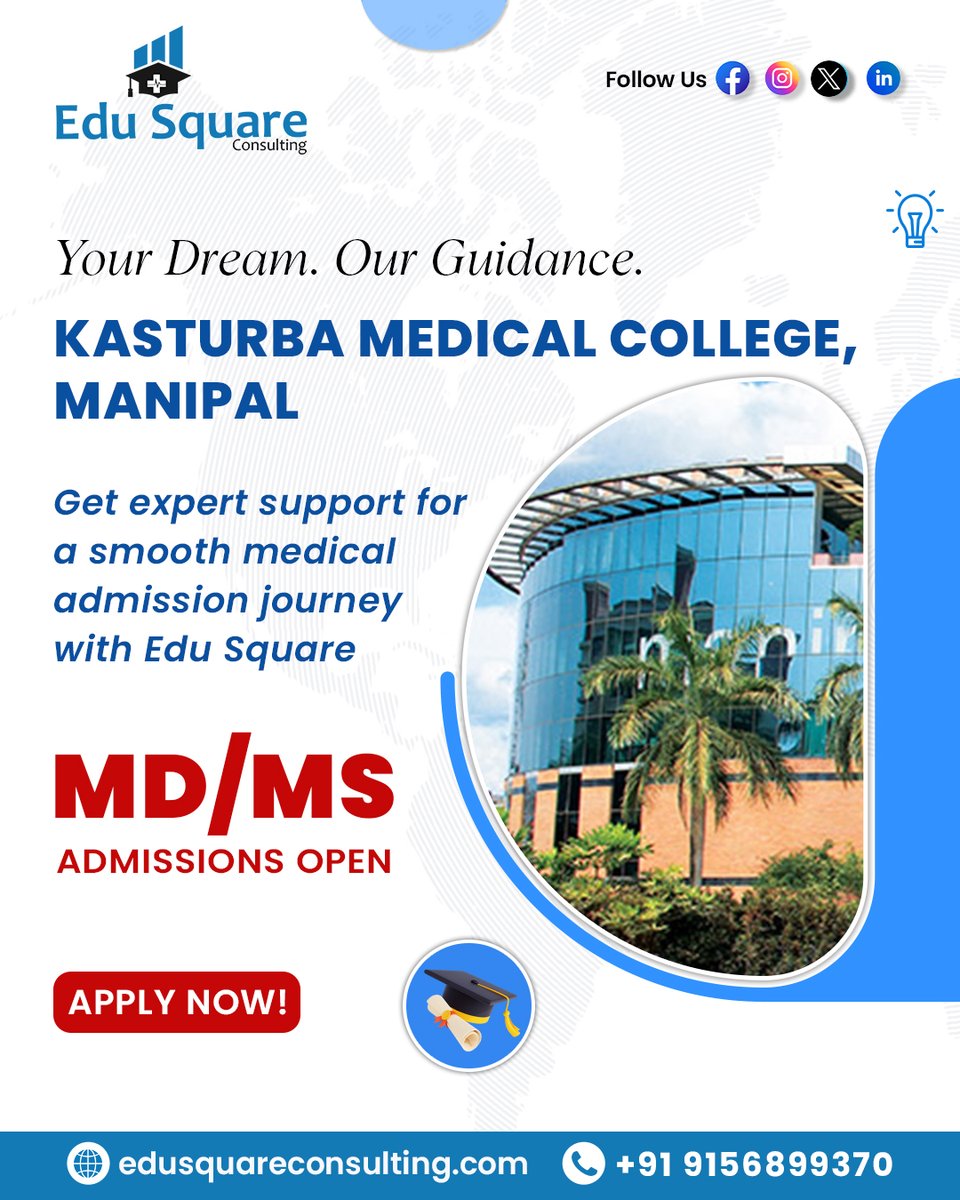 EduSquare298071's tweet photo. Your Dream. Our Guidance. 🌟

Get one step closer to Kasturba Medical College, Manipal with expert admission support from Edu Square.

🎓 MD/MS Admissions Open! Apply now and secure your future in medicine!

#MDMSAdmissions #MedicalCollege #KasturbaMedicalCollege #EduSquare https://t.co/yeG1NLF7he