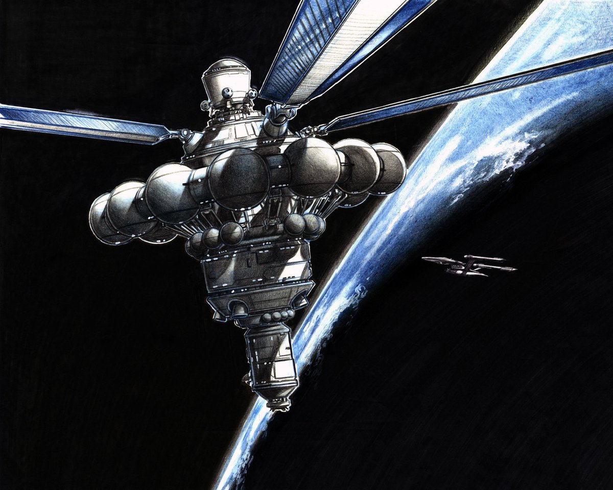 the Enterprise NX-01 approaching a space dock. concept art by John Eaves for Star Trek: Enterprise (2001)