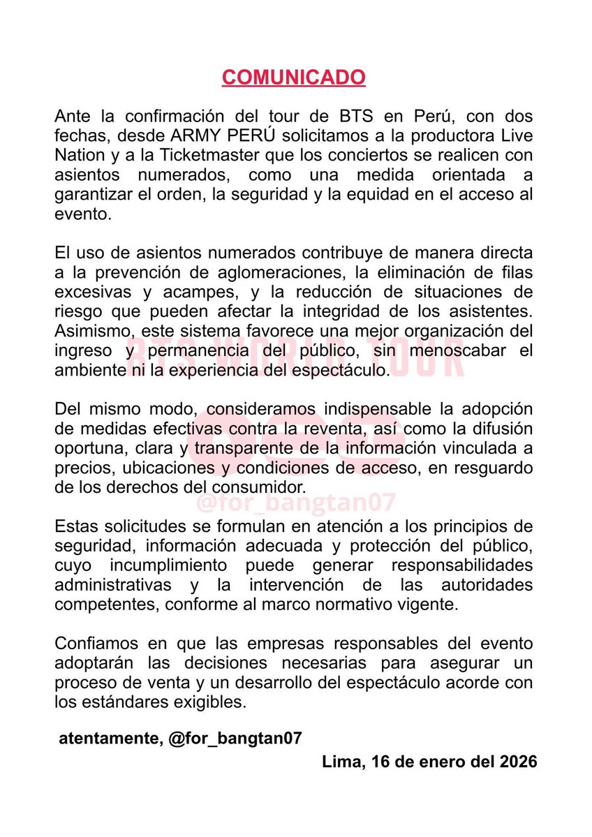 COMUNICADO – ARMY PERÚ 🇵🇪 

Den Rt coneres 🫒

Agradecemos el apoyo de todos al mencionar a las empresas encargadas y ayudar a que este mensaje llegue a quienes corresponda.
#BTSinPeru <a href="/LiveNation/">Live Nation</a> <a href="/livenationperu/">Live Nation Perú</a> <a href="/TicketmasterPE/">Ticketmaster Perú</a> <a href="/IndecopiOficial/">Indecopi Oficial</a>

Creditos : <a href="/for_bangtan07/">👩‍🚀🌌Joonie🇵🇪 2017-2026 con Bangtan❤️‍🩹</a>