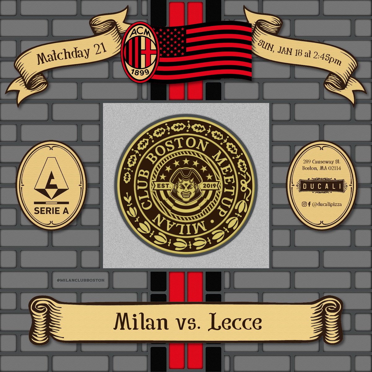 After a great result in Como, Milan returns home where they will look to pick up another 3 points. Join us at <a href="/Ducali/">Ducali Pizzeria/Bar</a> on Sunday for #MilanLecce. Kickoff is at 2:45pm ET. #ForzaMilan #SempreMilan #BostonRossonera