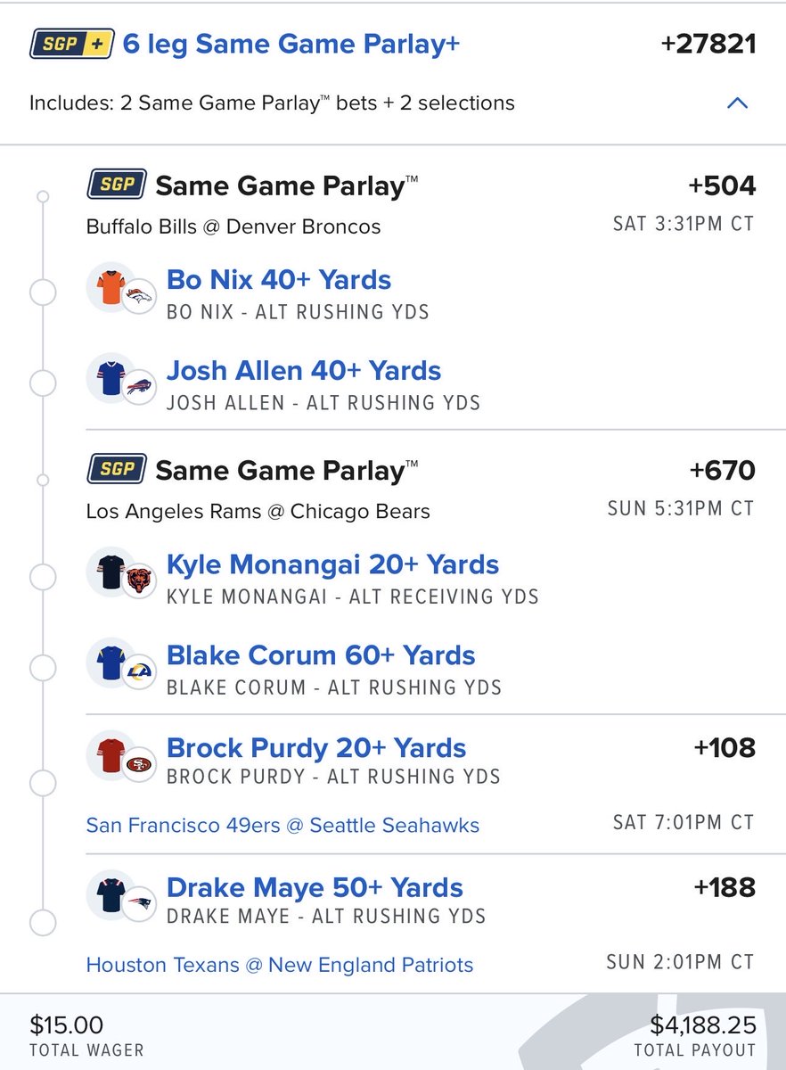 “Fact: QBs run more in the playoffs which means this parlay can’t lose” -<a href="/sloprules/">John Hyslop</a>, probably

- Bo Nix 40+ Rushing
- Josh Allen 40+ Rushing
- Purdy 20+ Rushing
- Drake Maye 50+ Rushing 
- Blake Corum 60+ Rushing
- Kyle Monangai 20+ Receiving

$15 to win $4.1K