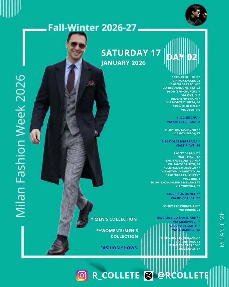 rcollete's tweet photo. 🚨Ciao, fashion insider! 
The schudele of Men’s Fall/Winter 2026 Milan Fashion Week® is here.
Milan has just hit the "start" button on the most anticipated season of the men's calendar! @MilanWeek #milanfashionweek #cameramoda #MFW https://t.co/ZuSAmaia99