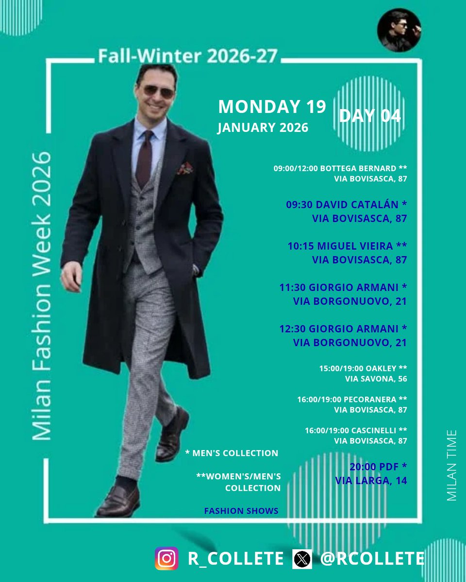 rcollete's tweet photo. 🚨Ciao, fashion insider! 
The schudele of Men’s Fall/Winter 2026 Milan Fashion Week® is here.
Milan has just hit the "start" button on the most anticipated season of the men's calendar! @MilanWeek #milanfashionweek #cameramoda #MFW https://t.co/ZuSAmaia99