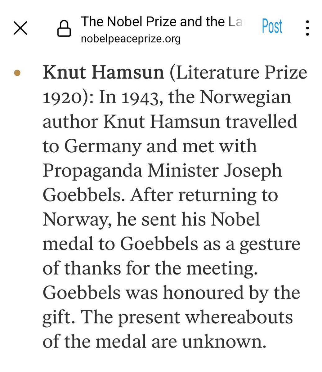 BenjaminNorton's tweet image. History repeats:

In 1943, fascist Norwegian author Knut Hamsun won a Nobel prize. He loved the Nazis so much that he gave it to Hitler's propaganda chief Joseph Goebbels as a gift.

Venezuela's far-right extremist opposition leader María Corina Machado did the same with Trump.