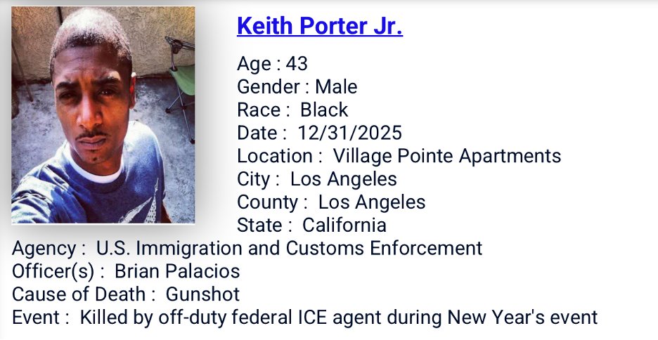 ICE agent who killed Keith Porter identified -  incarcernation.com/ice-agent-who-… 

The Keith Porter Case

ICE agent Brian Palacios shot and killed 43-year-old Keith Porter Jr. on December 31, 2025 in Northridge while off duty. Federal authorities say the agent resp...