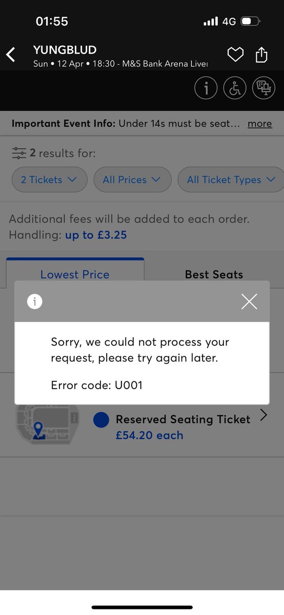 llilyxx's tweet photo. @TicketmasterCS hi! Can’t get this order to go through - got the error code shown and I’ve tried the website and app etc and nothing will work - worried the tickets will go!! https://t.co/GmtifMnGkU