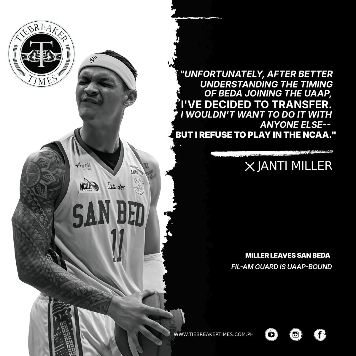 tiebreakertimes's tweet image. JANTI ROARS OUT OF NCAA 🦁

Refusing to play another NCAA season, Janti Miller bids San Beda goodbye, setting his sights on #UAAPSeason89

#ReadMore 👉 tbti.me/s22uyc

#NCAASeason102
